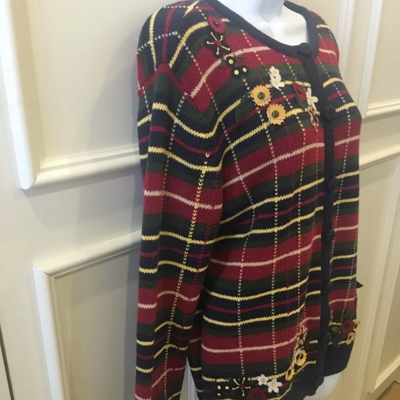 Vintage Multicolor Sweater Button-down Flower Appliqués Large - Picture 4 of 10